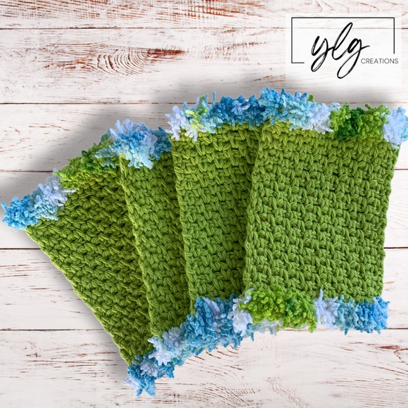 Mug Rugs Handmade Crochet Green Blue White Cotton Fringe Set of 4 Coasters - Picture 1 of 10
